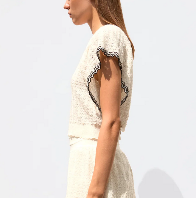 chambord v-neck top in a pointelle knit natural deep black