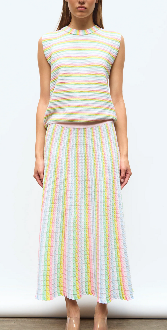 Cocktail fluid skirt in origami knit rainbow