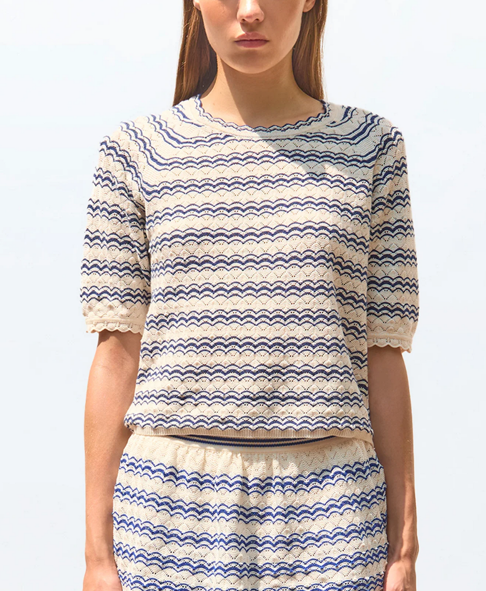 Confetti majorelle elbow length sleeved top in a pointelle knit natural majorelle blue