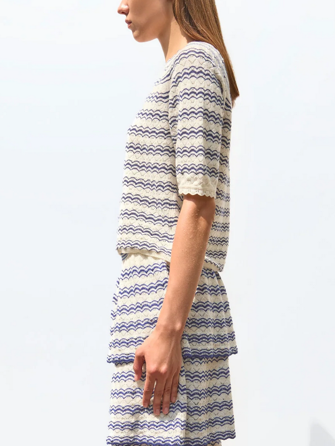 Confetti majorelle elbow length sleeved top in a pointelle knit natural majorelle blue