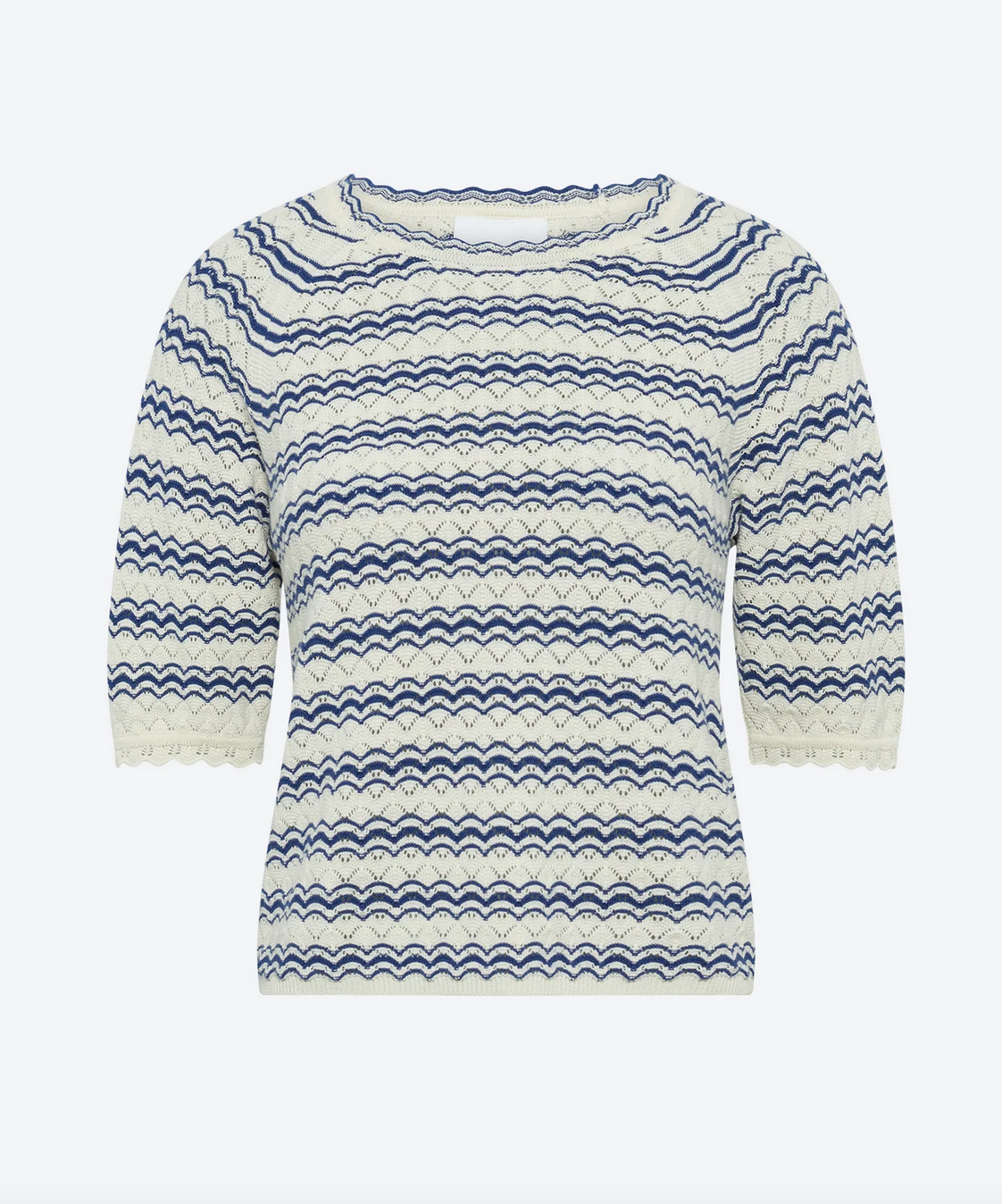 Confetti majorelle elbow length sleeved top in a pointelle knit natural majorelle blue