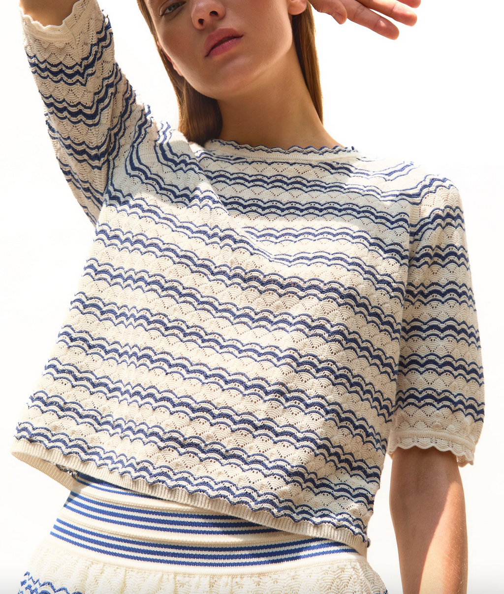 Confetti majorelle elbow length sleeved top in a pointelle knit natural majorelle blue