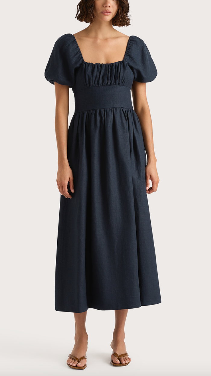 navy fitted midi dress Navy Elegance Midi Dress XS