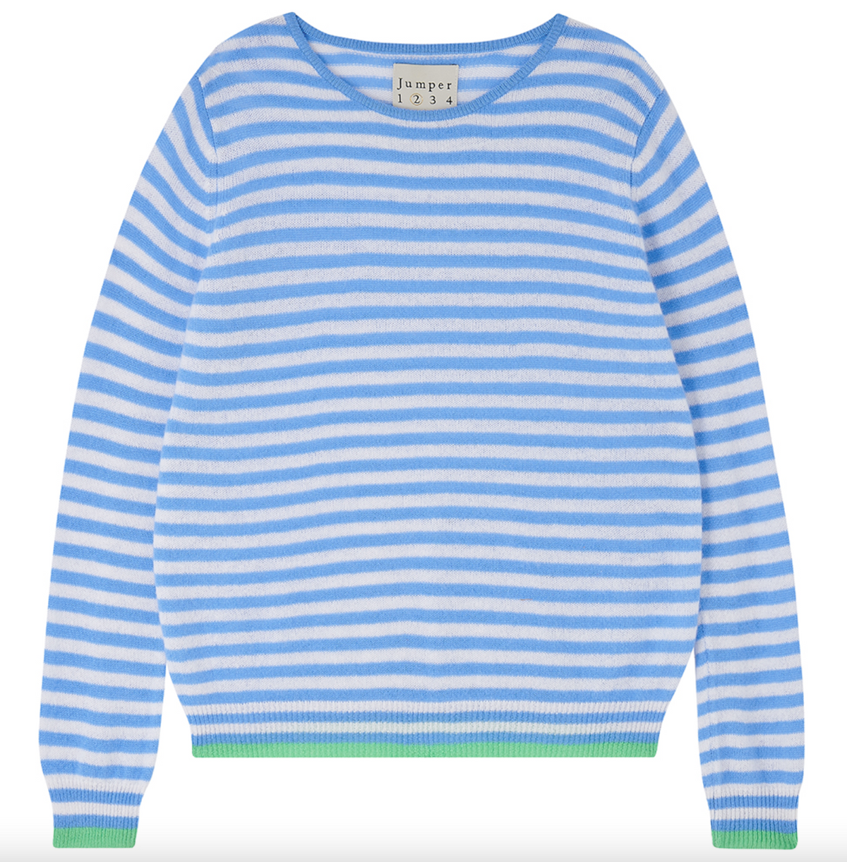 Tipped little stripe crew cashmere sweater sky cream and apple