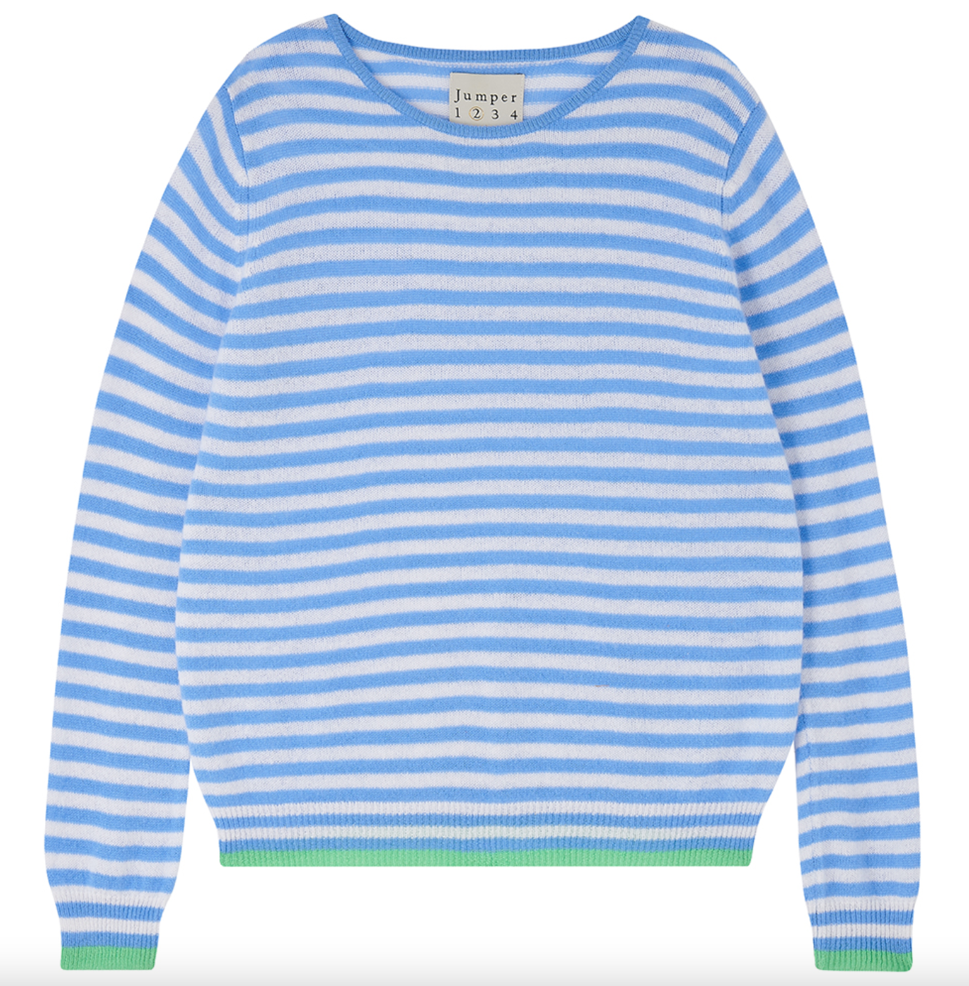 Tipped little stripe crew cashmere sweater sky cream and apple