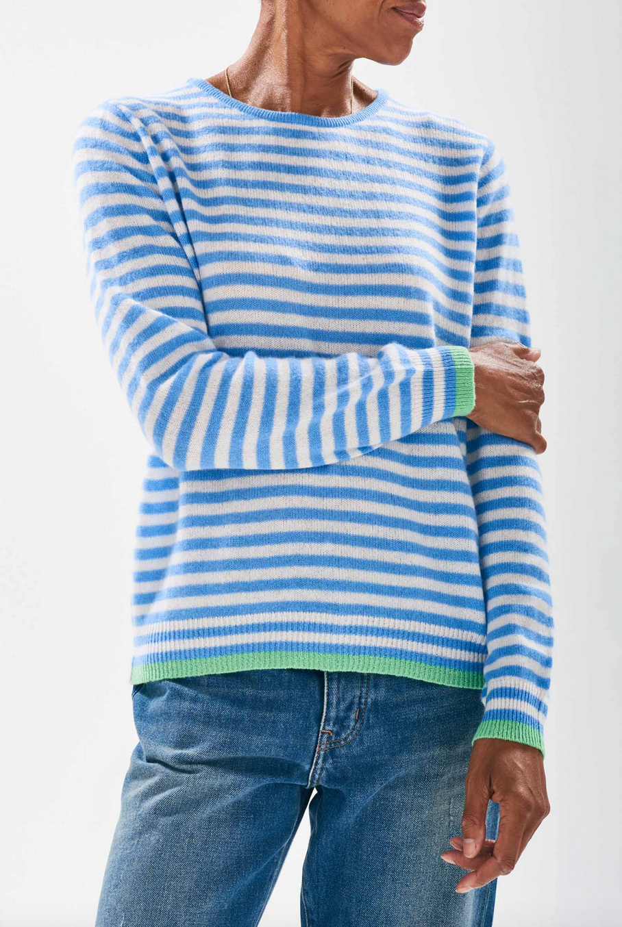 Tipped little stripe crew cashmere sweater sky cream and apple