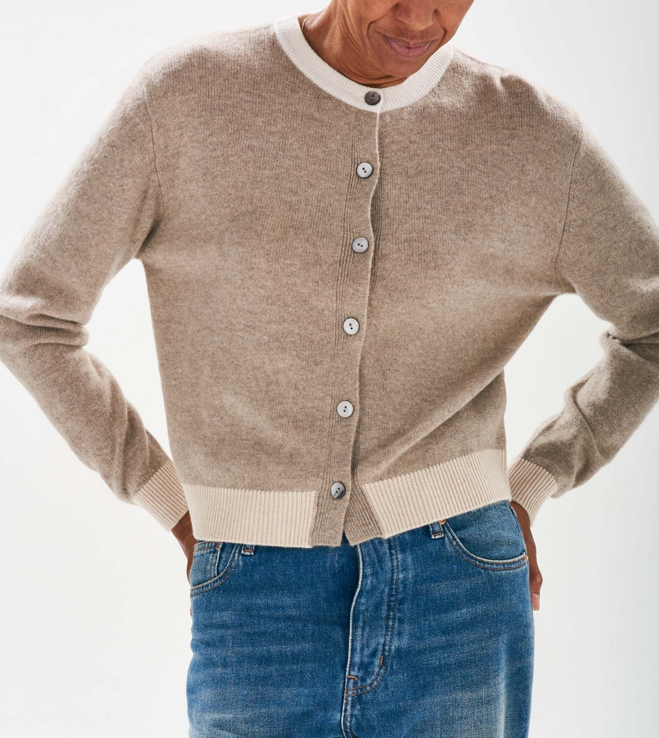 cashmere contrast rib cardigan in organic light brown