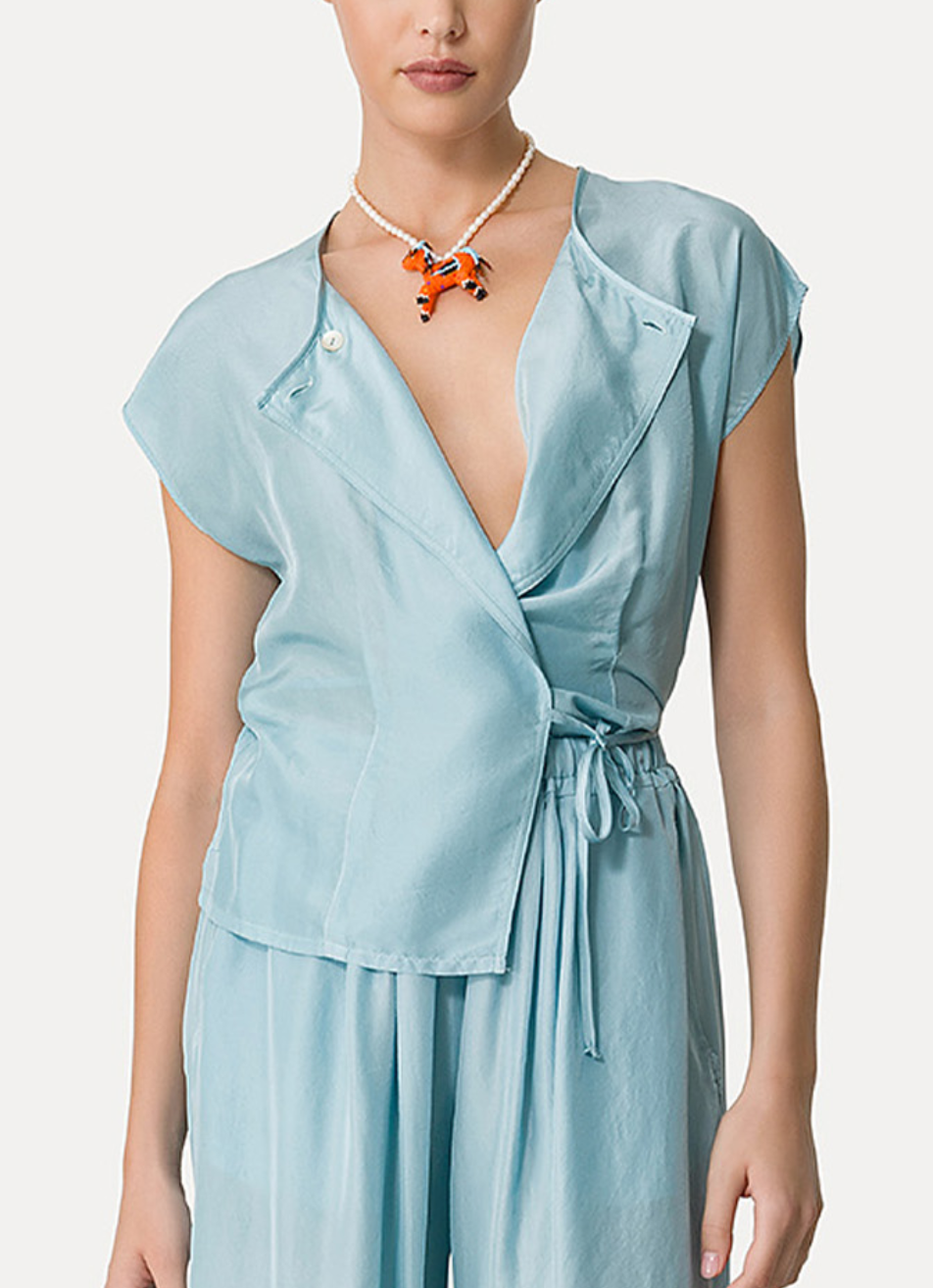 habotai silk crossed top acqua