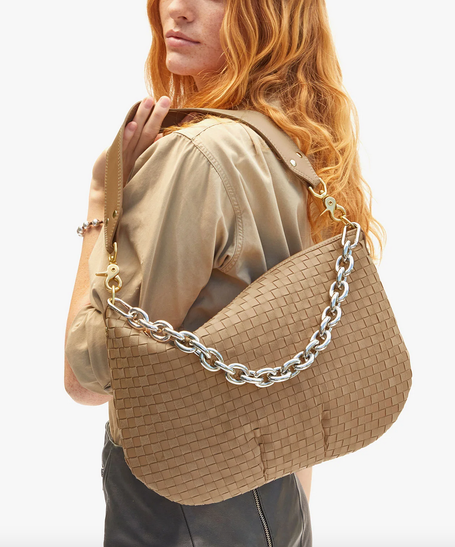 moyen messanger clay leather and suede woven checker