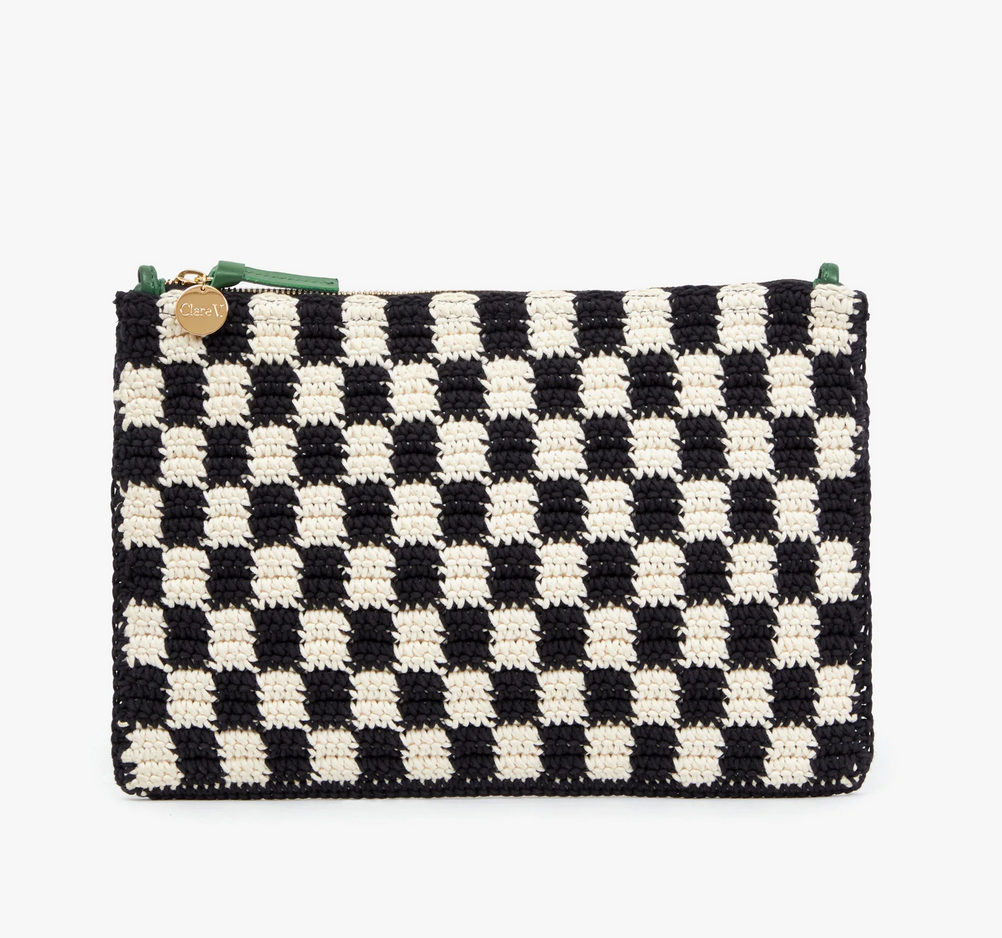 flat clutch with tabs black & cream crochet mini checker + fern resin shortie strap