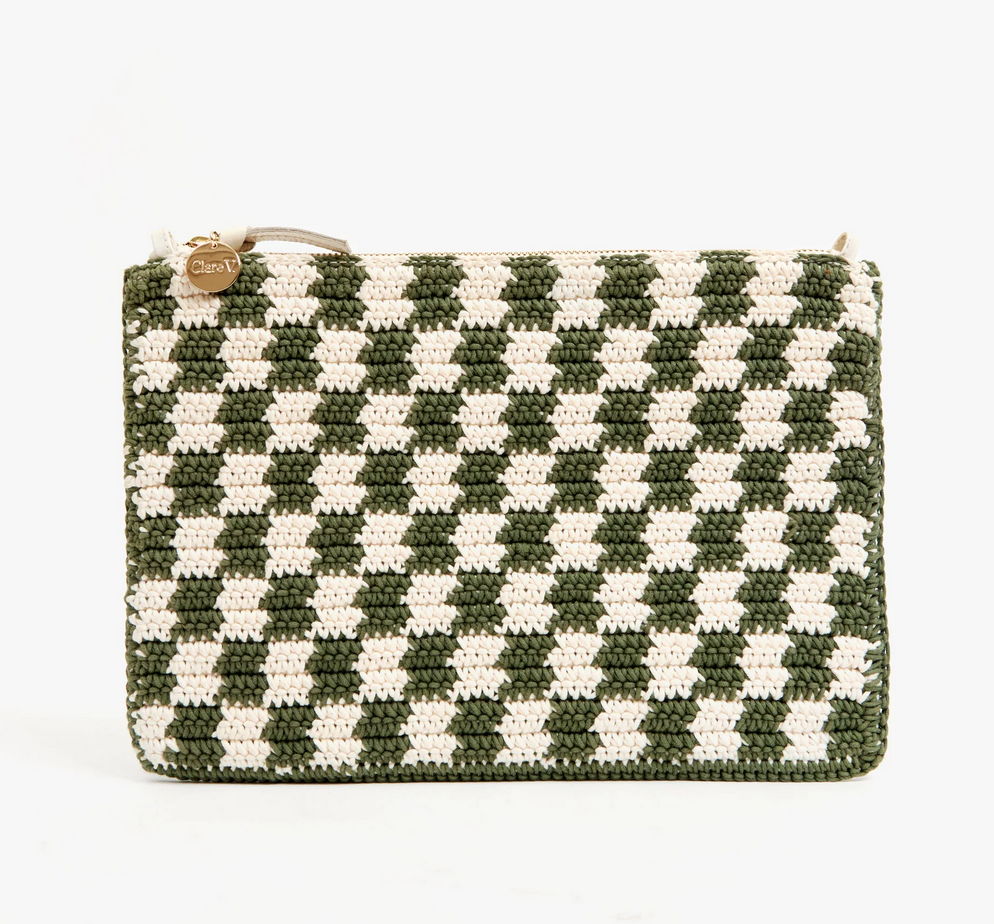 flat clutch w/ tabs olive & cream crochet mini checker with cream resin strap