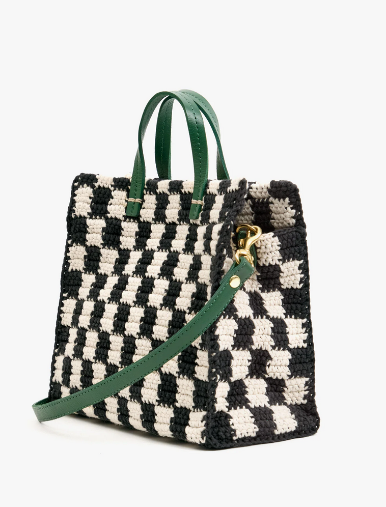 petit summer simple tote black/cream crochet mini checker + black grommet strap