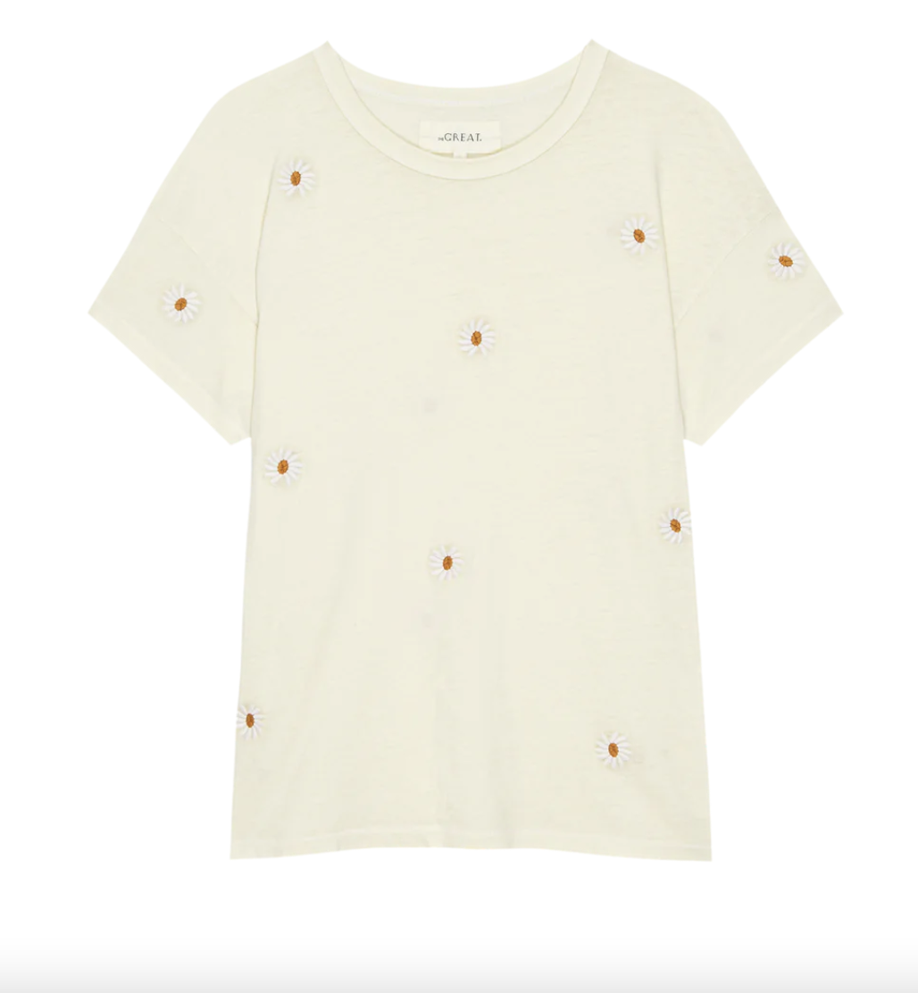 the boxy crew washed white with floating daisy embroidery