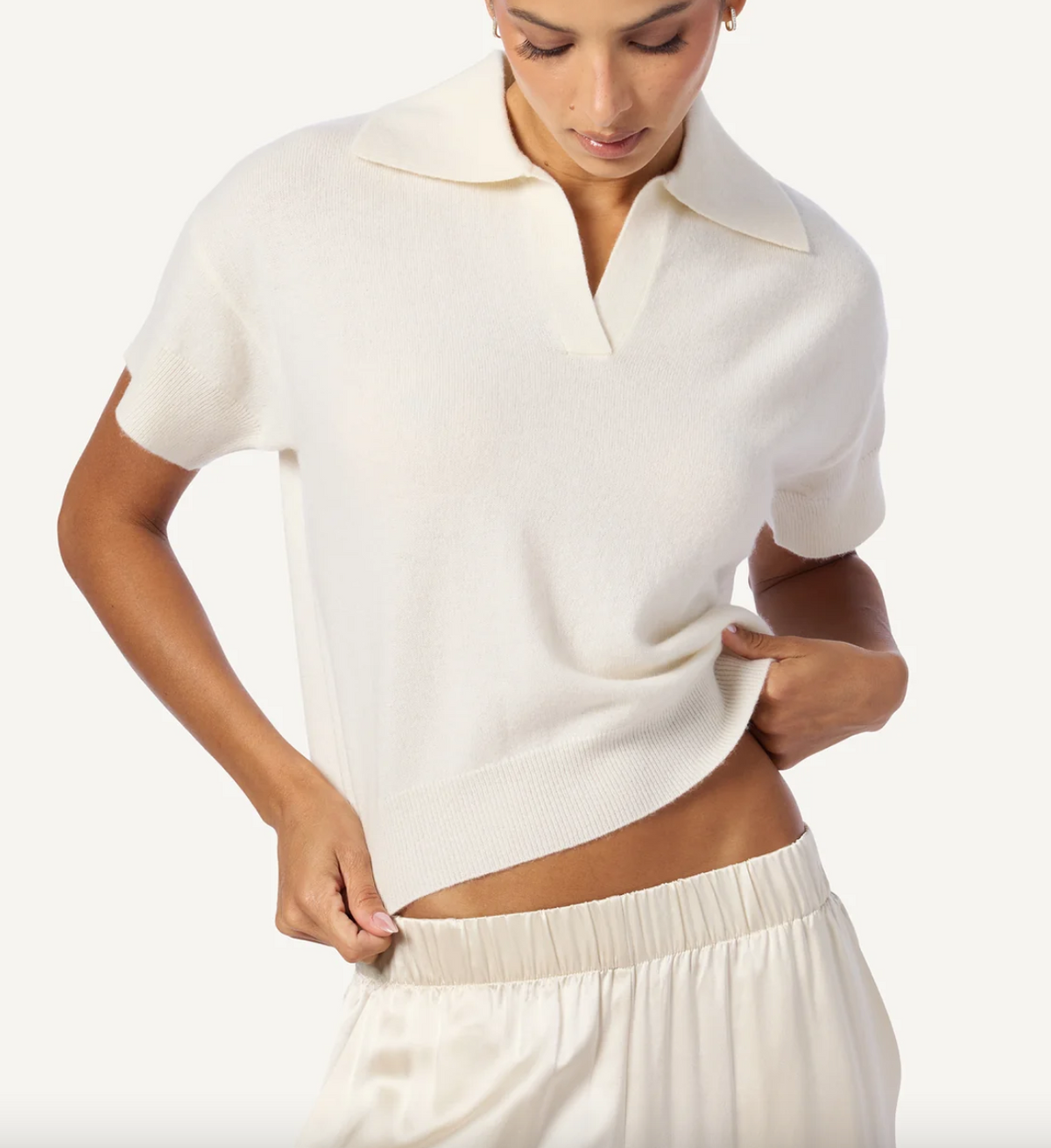 Mirabelle relaxed short sleeve cashmere polo gardenia