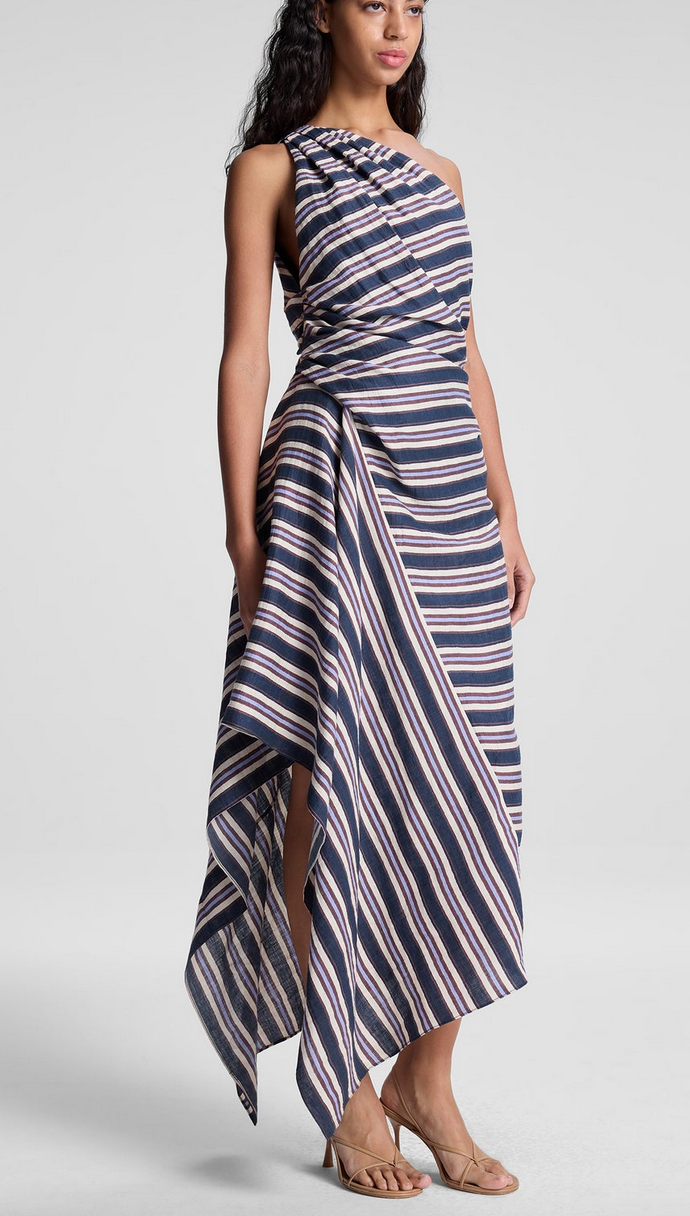 Lyn striped linen midi dress navy