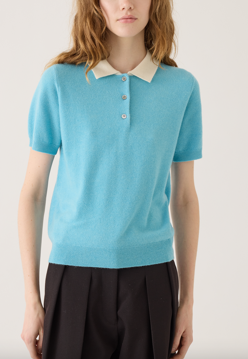 Rowena cashmere polo top ocean blue / ivory