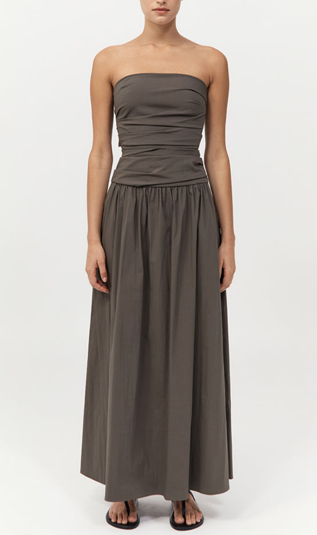 gathered strapless tie back dress khaki