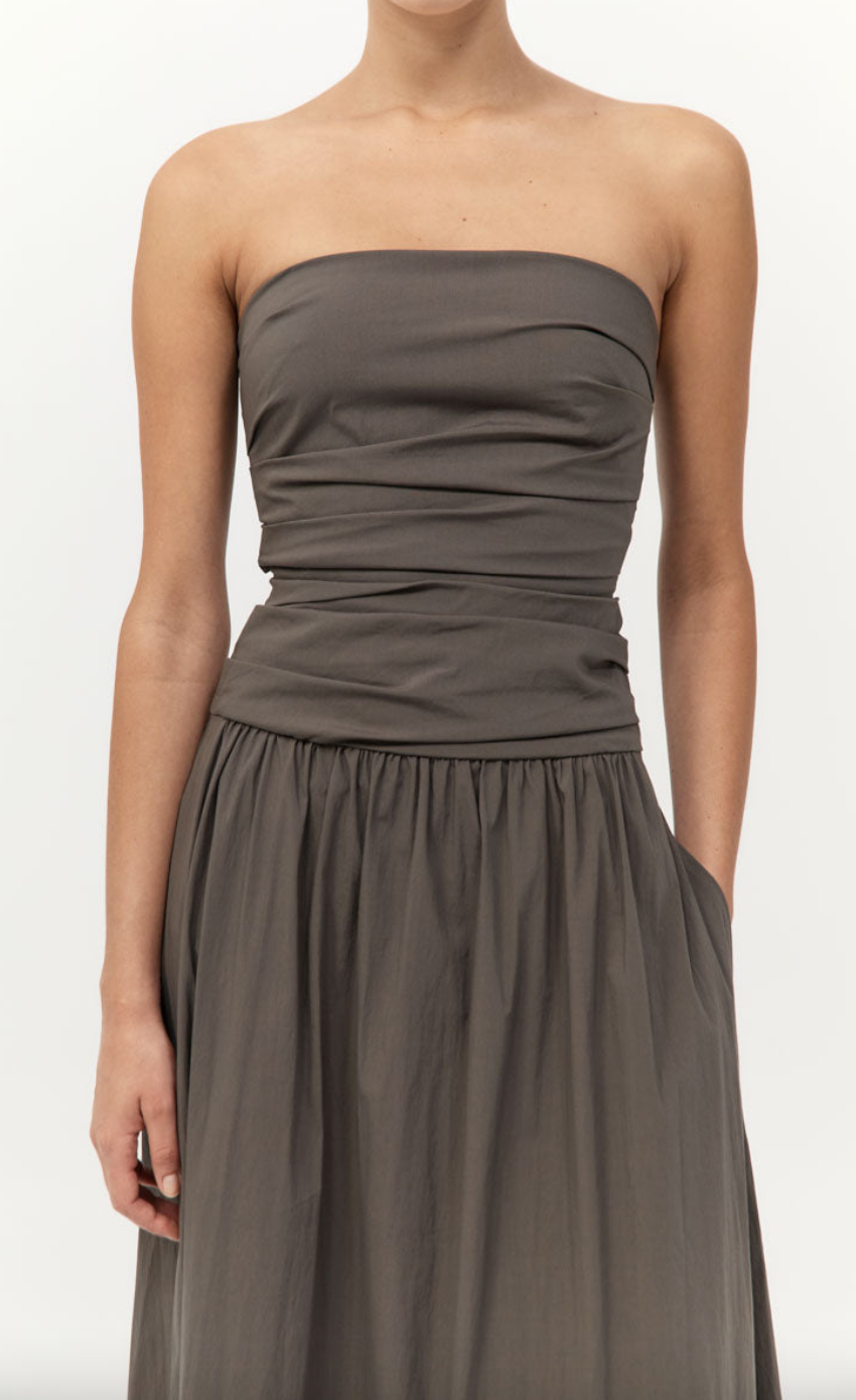 gathered strapless tie back dress khaki