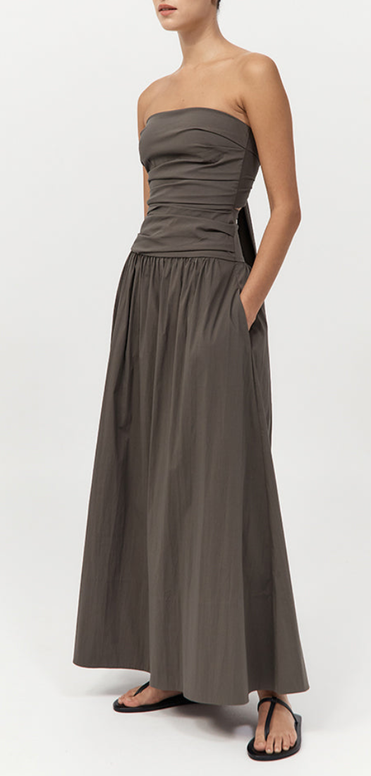 gathered strapless tie back dress khaki