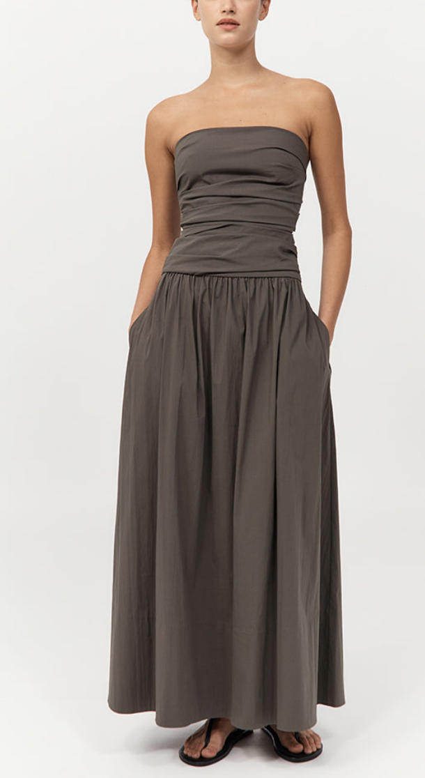 gathered strapless tie back dress khaki