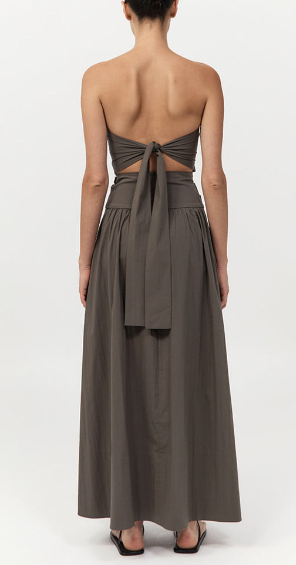 gathered strapless tie back dress khaki