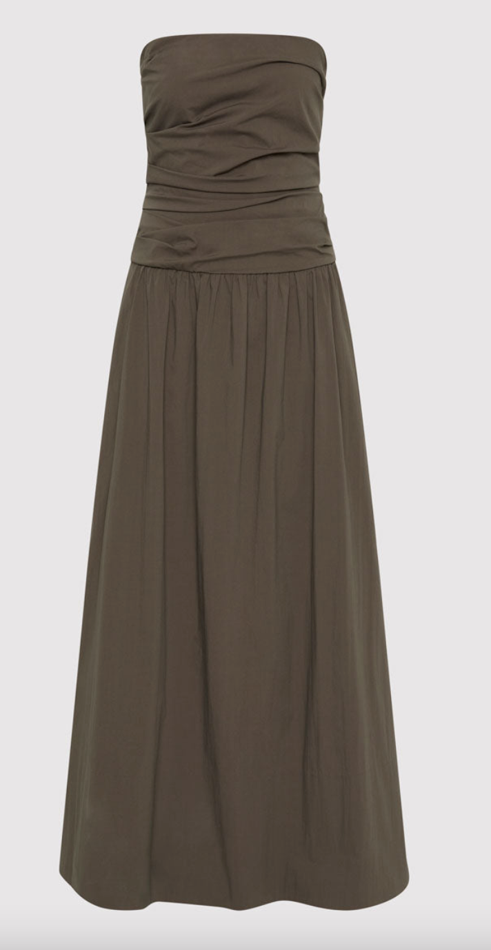 gathered strapless tie back dress khaki