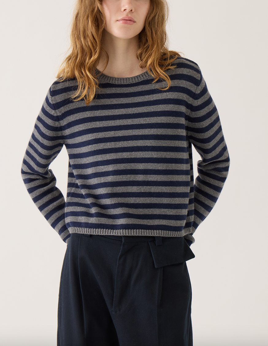 Melina stripe cotton cashmere sweater dark heather grey navy