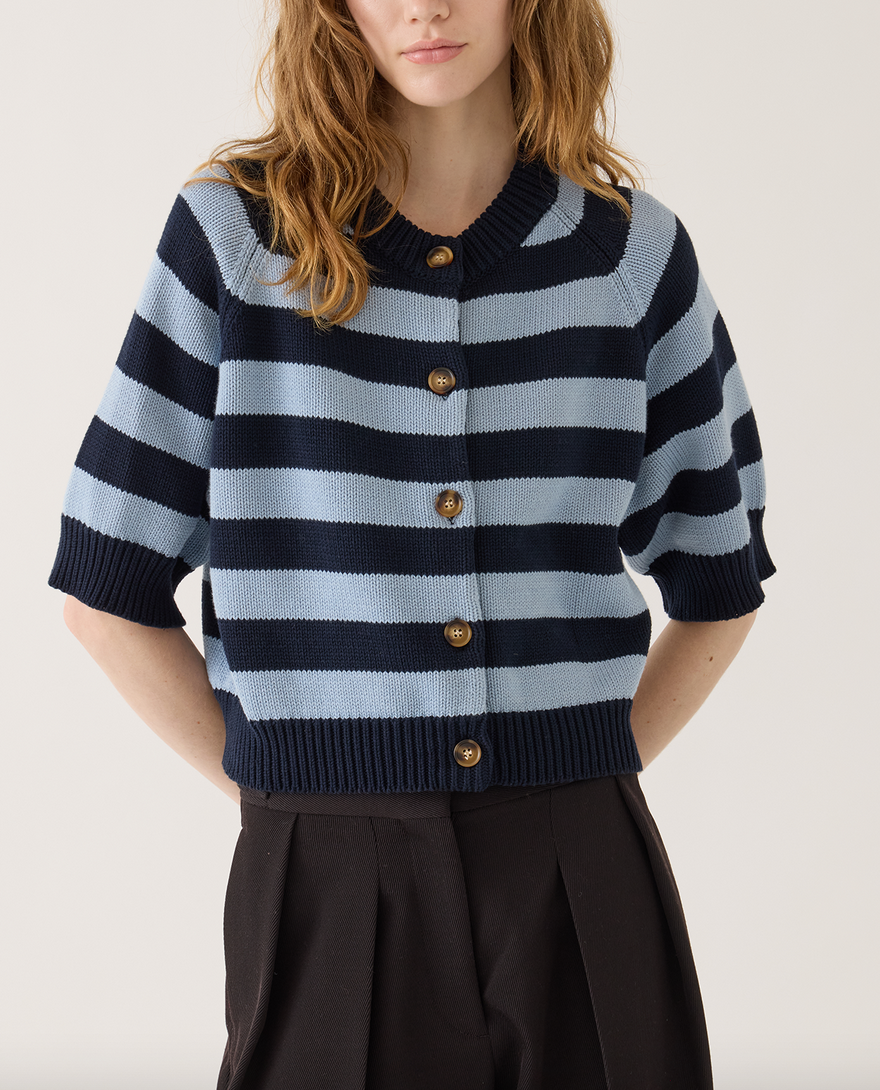 Latki stripe organic cotton cardigan navy dusty blue