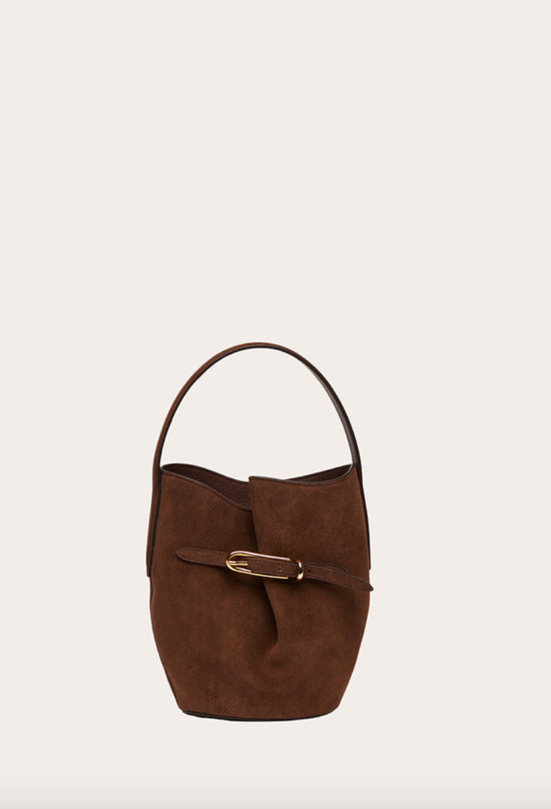 belted bucket bag mini dark brown suede