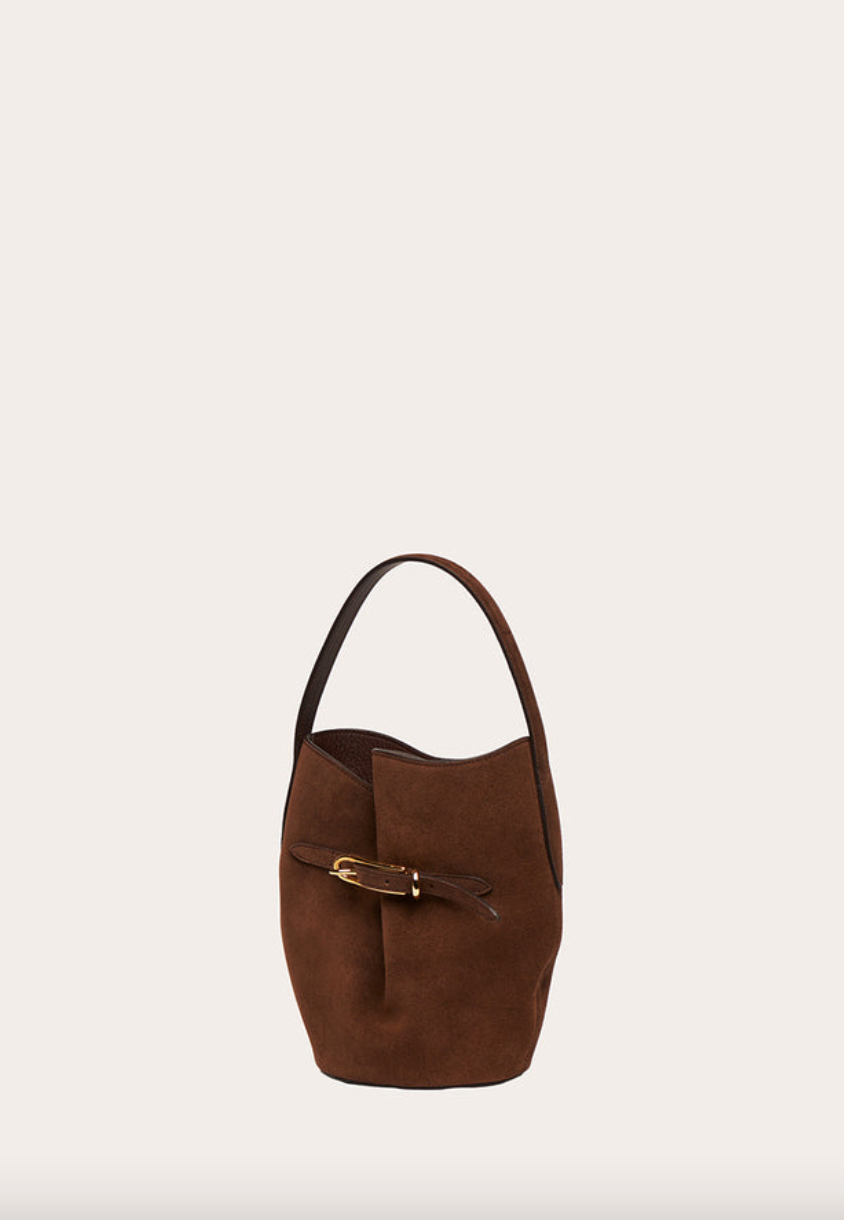 belted bucket bag mini dark brown suede