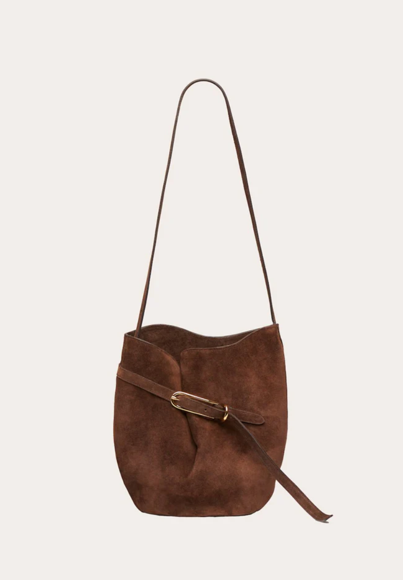 belted bucket bag dark brown suede