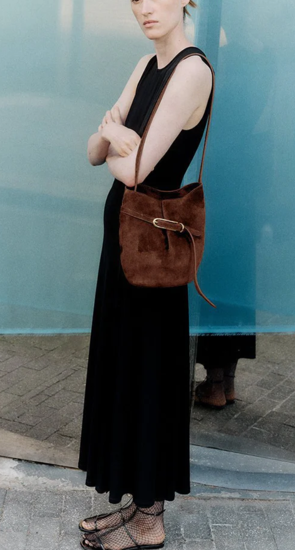 belted bucket bag dark brown suede