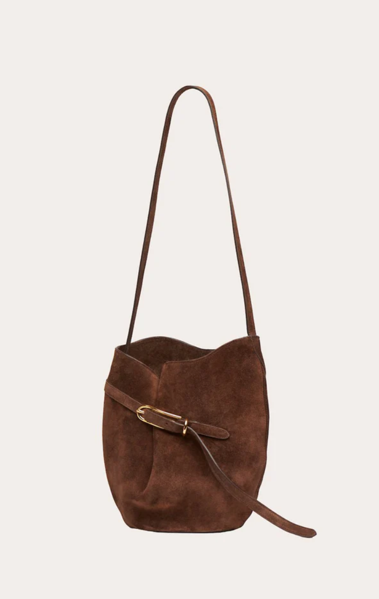 belted bucket bag dark brown suede