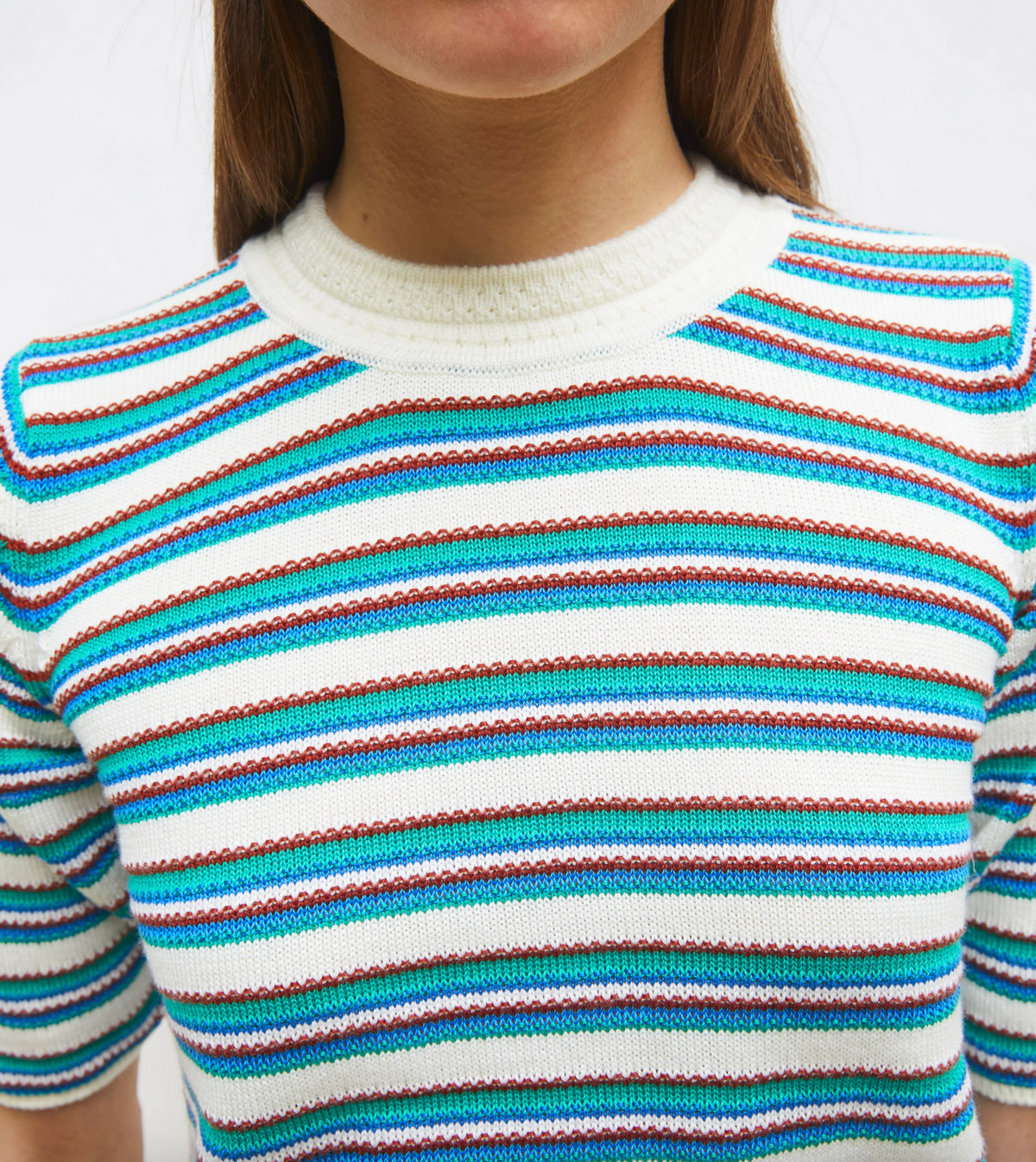 Divin2 fine knit top with colorful stripes natural green blue