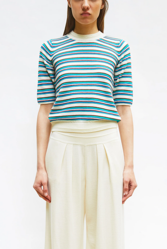 Divin2 fine knit top with colorful stripes natural green blue