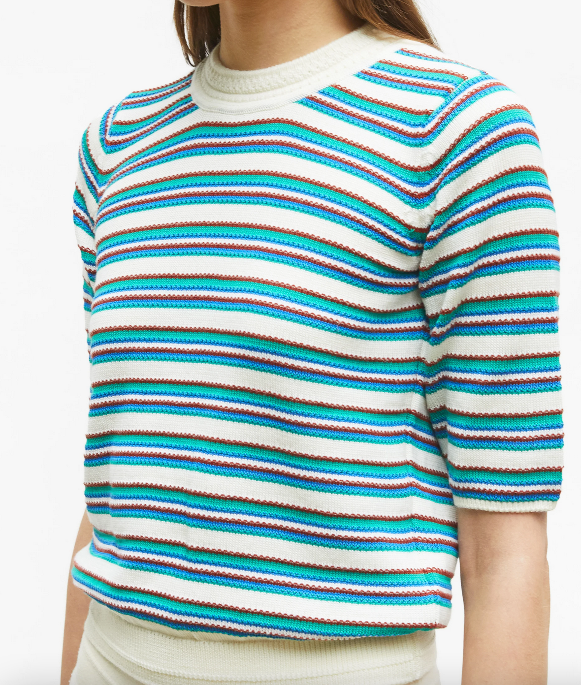 Divin2 fine knit top with colorful stripes natural green blue