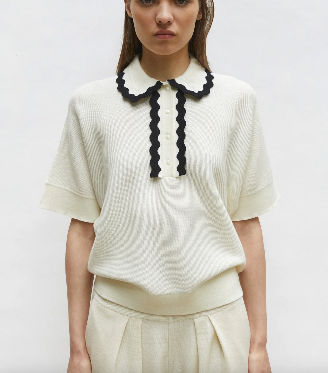 Duc wide knit top rick-rack edged collar natural deep black