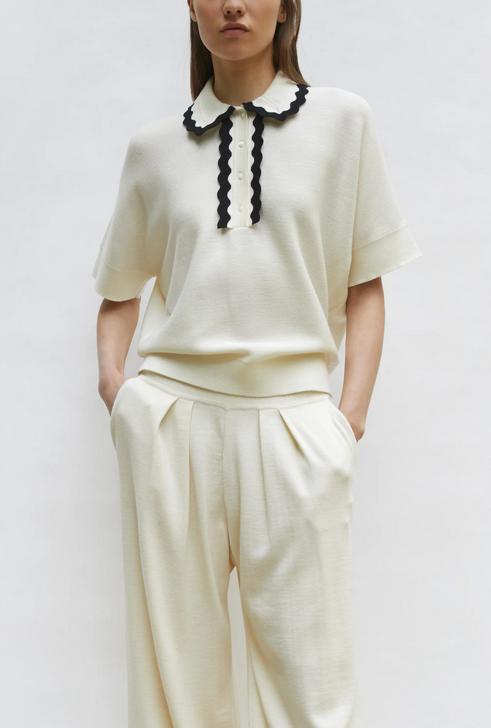 Duc wide knit top rick-rack edged collar natural deep black