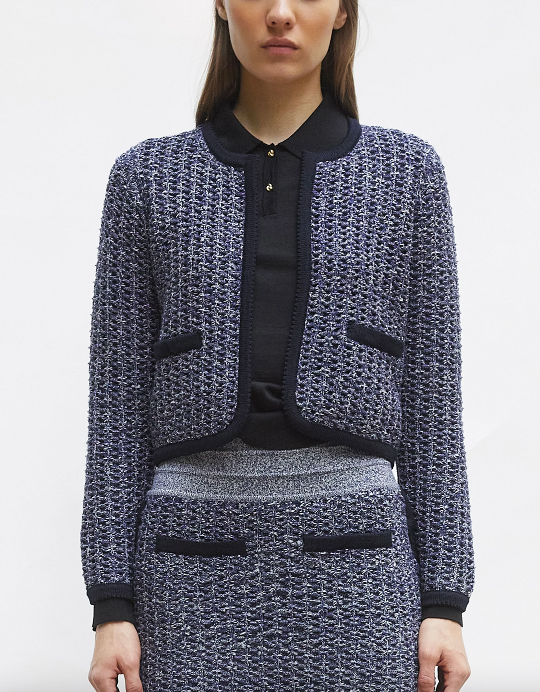 Diane short jacket in a tweed knit indigo mottled