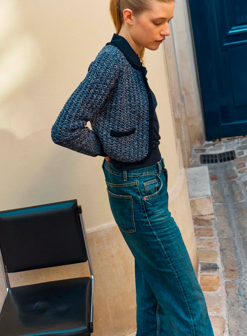 Diane short jacket in a tweed knit indigo mottled