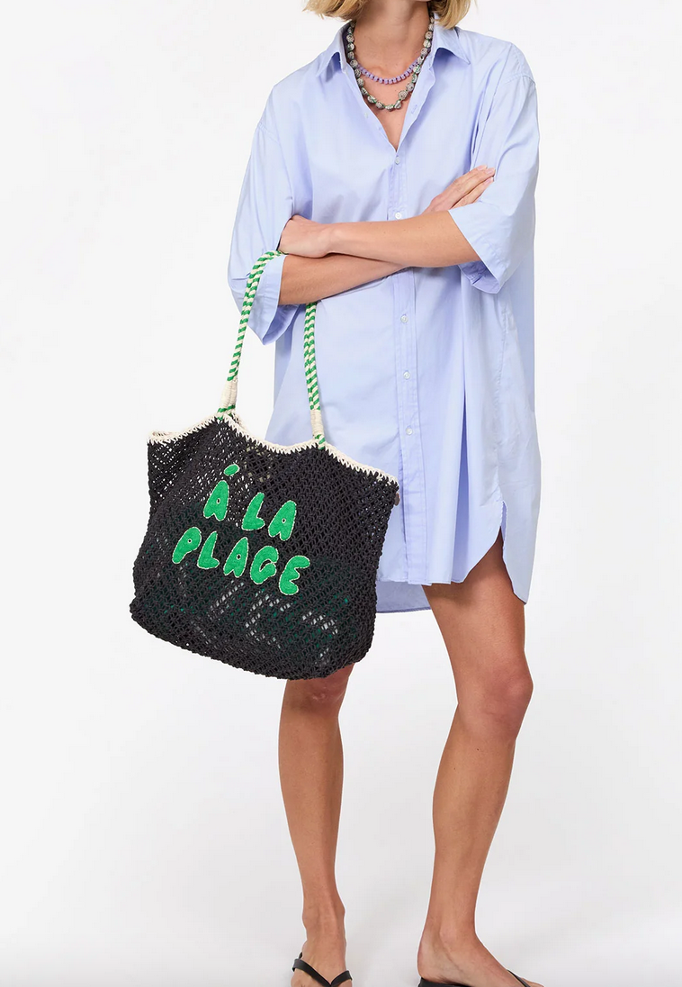 l'ete tote black w/ green apple a la plage