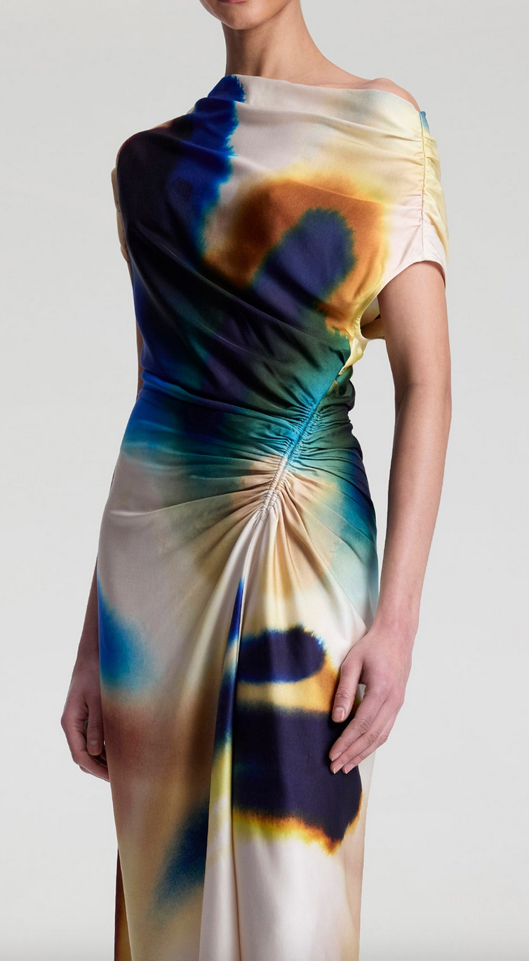 penny satin midi dress lapis multi