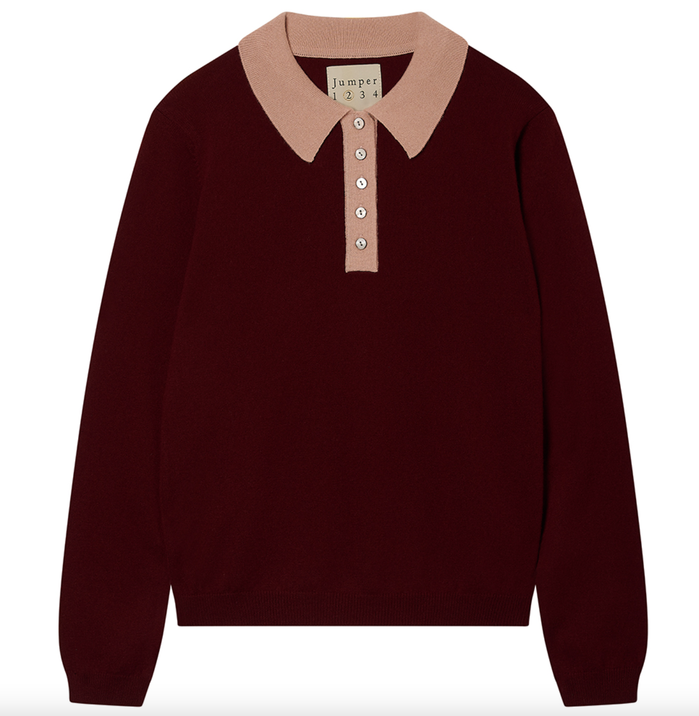 Contrast cashmere polo in burgundy and pale pink