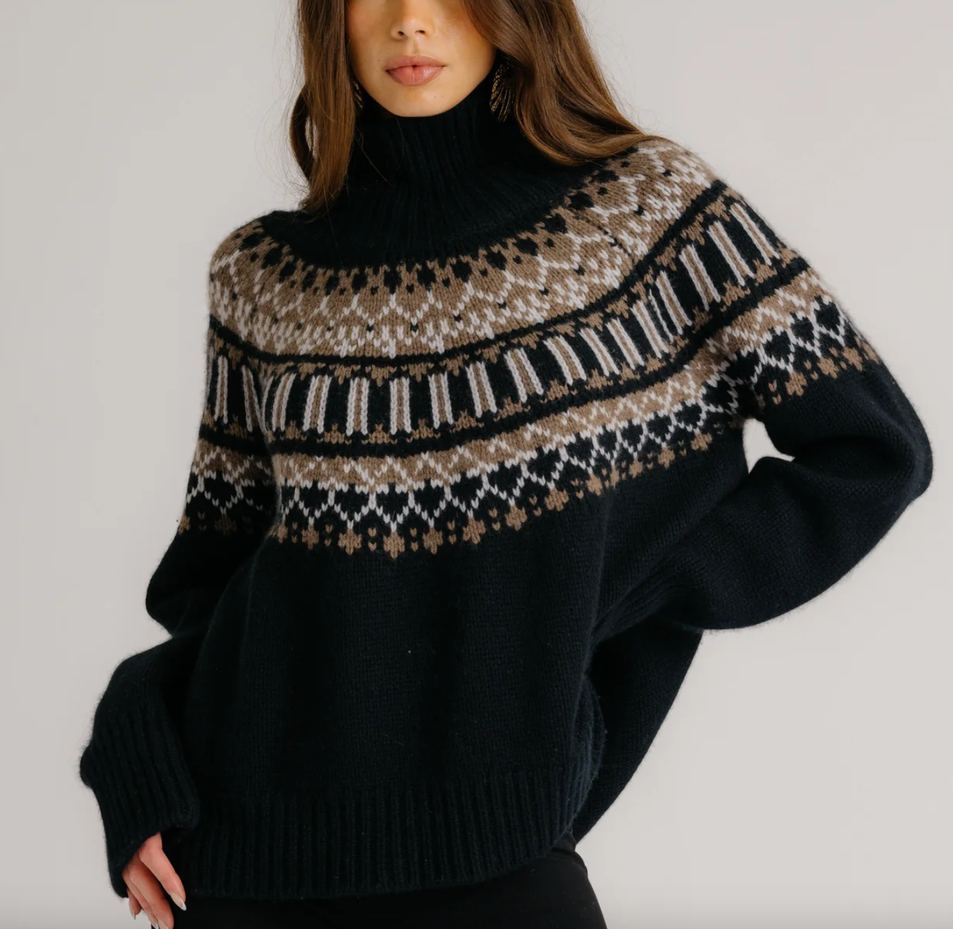 scottie slouchy fair isle cashmere mock neck black fair isle