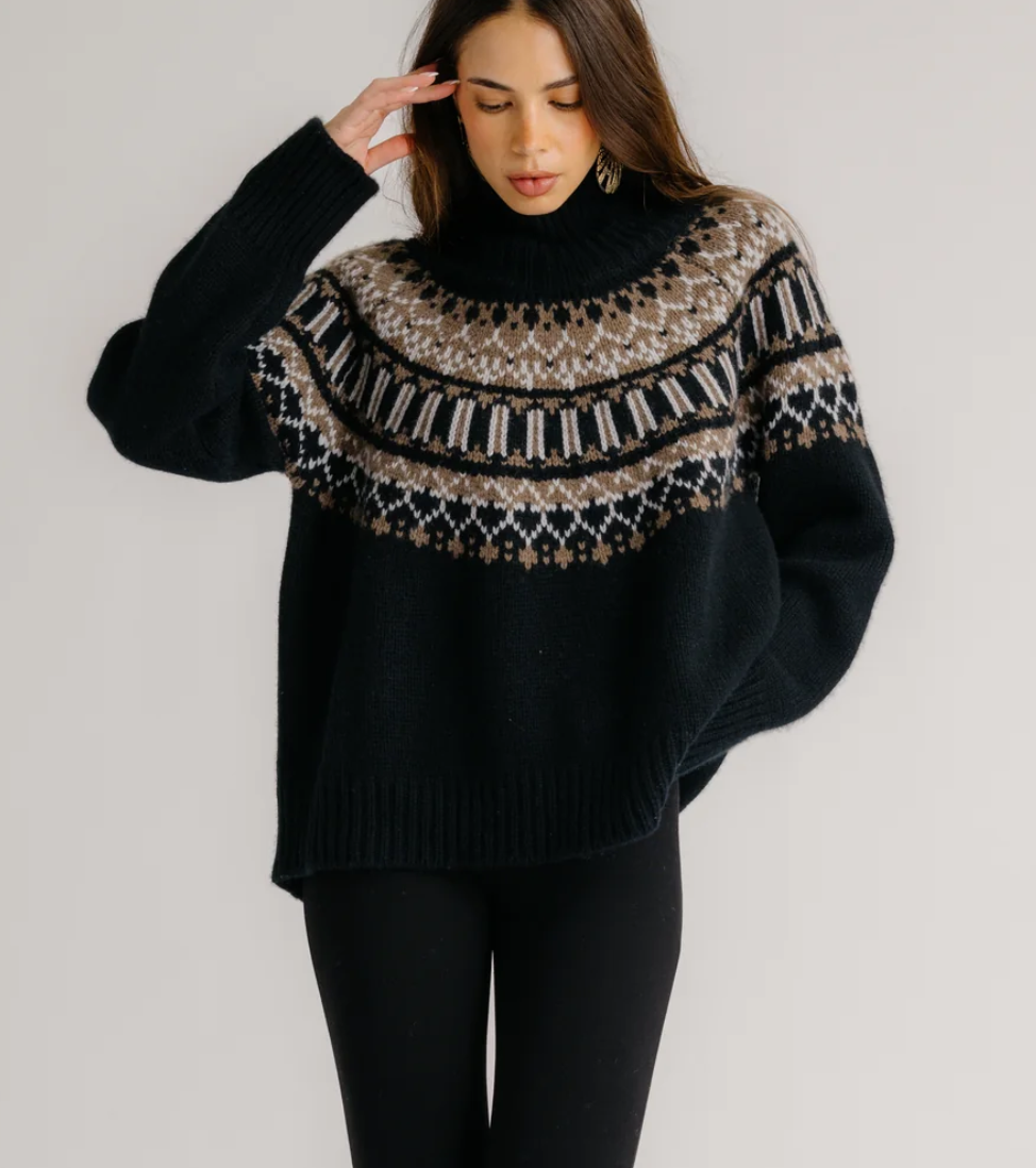 scottie slouchy fair isle cashmere mock neck black fair isle