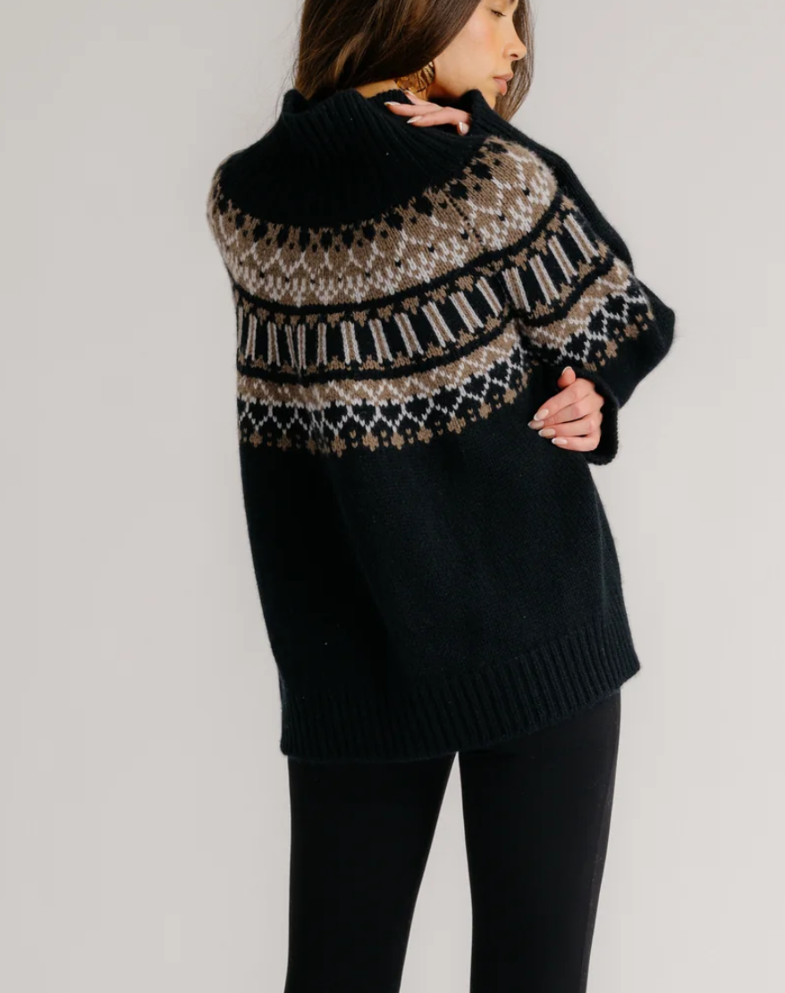 scottie slouchy fair isle cashmere mock neck black fair isle