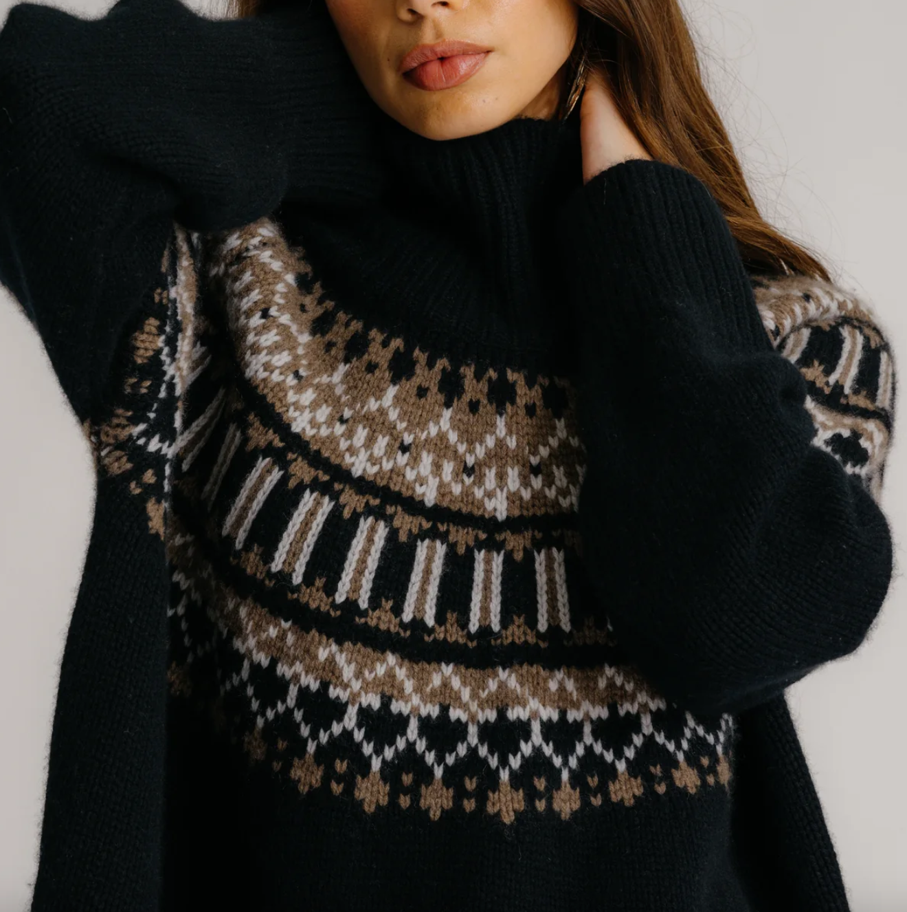 scottie slouchy fair isle cashmere mock neck black fair isle