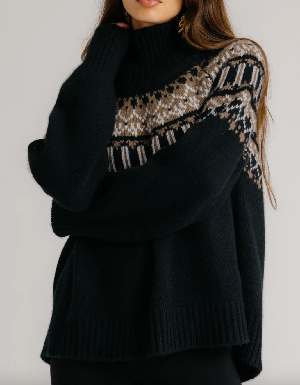 scottie slouchy fair isle cashmere mock neck black fair isle