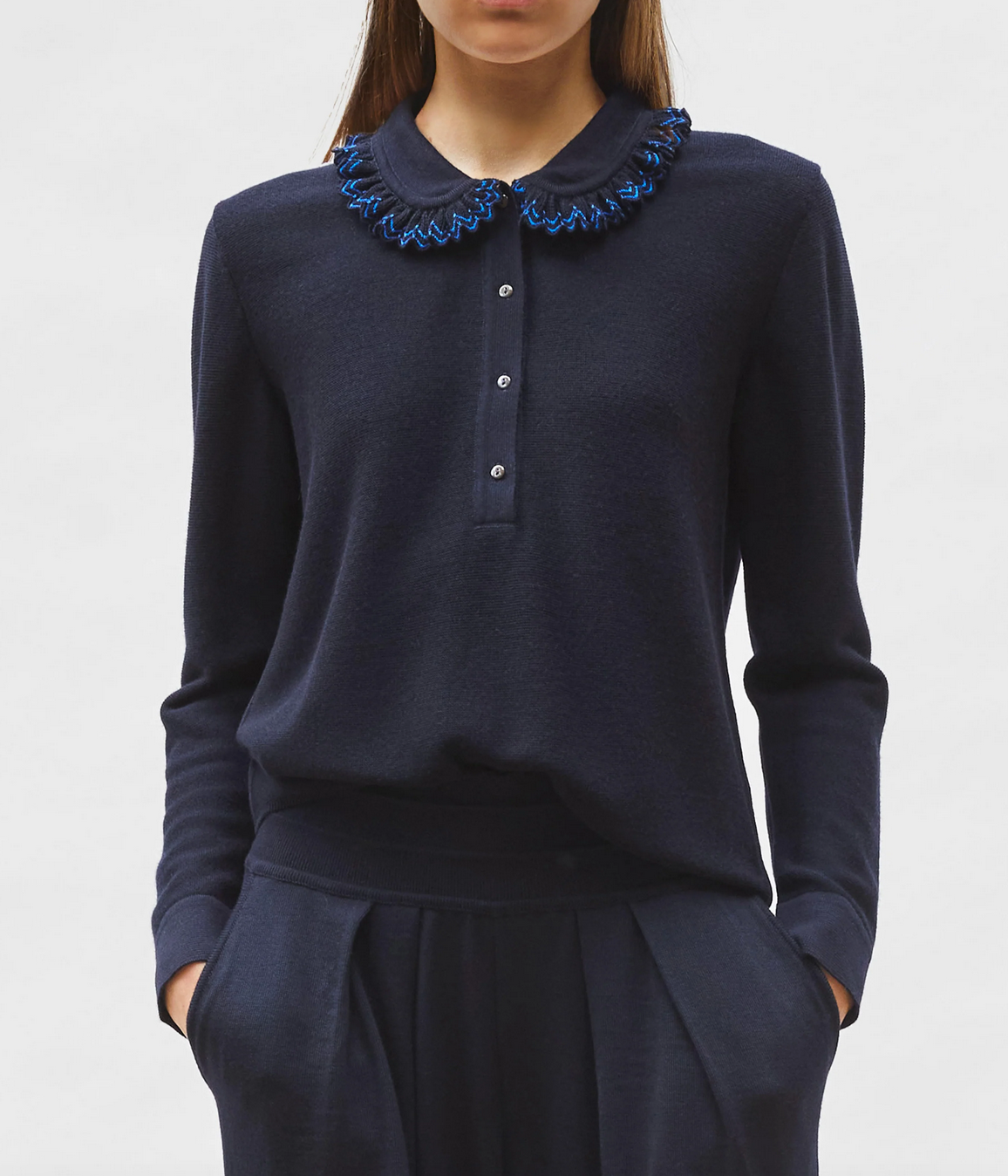 Faust knit shirt with ruffle collar midnight - electric blue