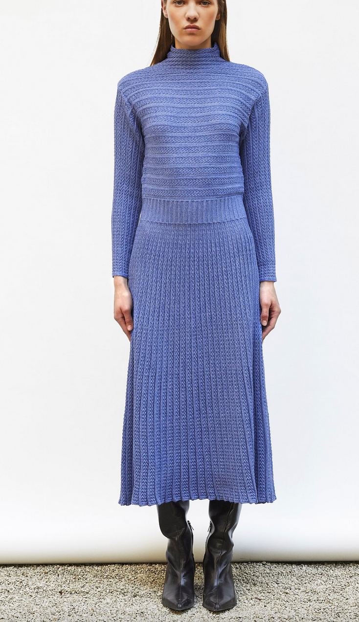 laurence long dress in pleated knit denim